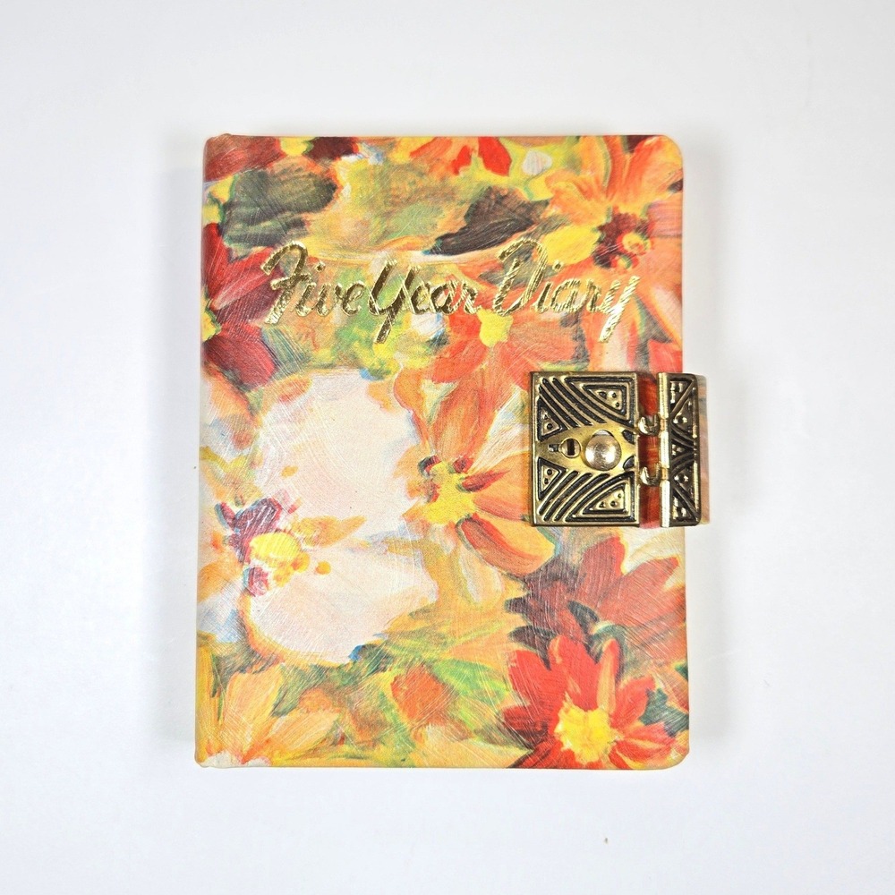 Vintage Floral Five Year Diary Unused Made in Japan Gold Gilded Edges Latch Lock